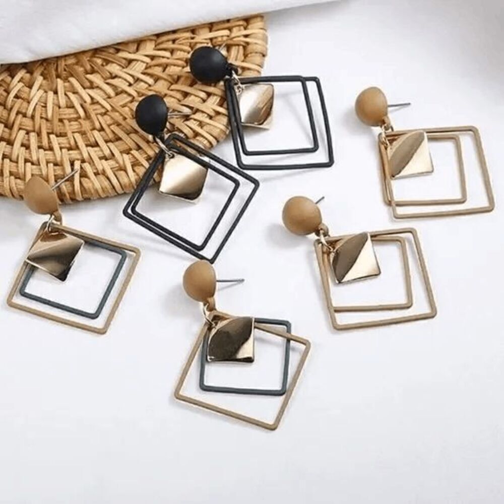 Tan Triangular Circle Dangle Earrings - Picture 2 of 2